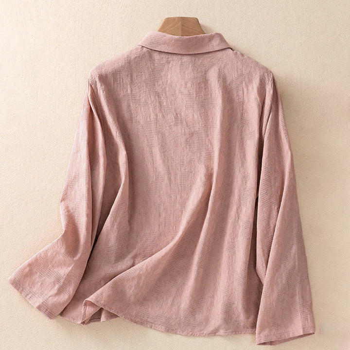 Chemise à manches longues en coton pour femme, brodée de Buddha Stones et au design asymétrique, avec boutons grenouille - image 15