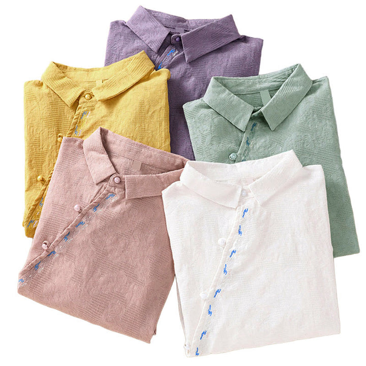 Chemise à manches longues en coton pour femme, brodée de Buddha Stones et au design asymétrique, avec boutons grenouille - image 40