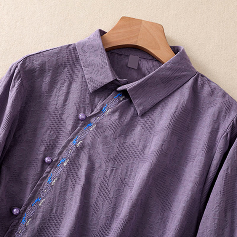 Chemise à manches longues en coton pour femme, brodée de Buddha Stones et au design asymétrique, avec boutons grenouille - image 33