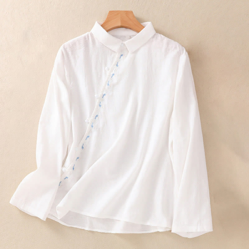 Chemise à manches longues en coton pour femme, brodée de Buddha Stones et au design asymétrique, avec boutons grenouille - Blanc - US8-10，UK/AU12-14，EU40-42 (2XL) - image 7