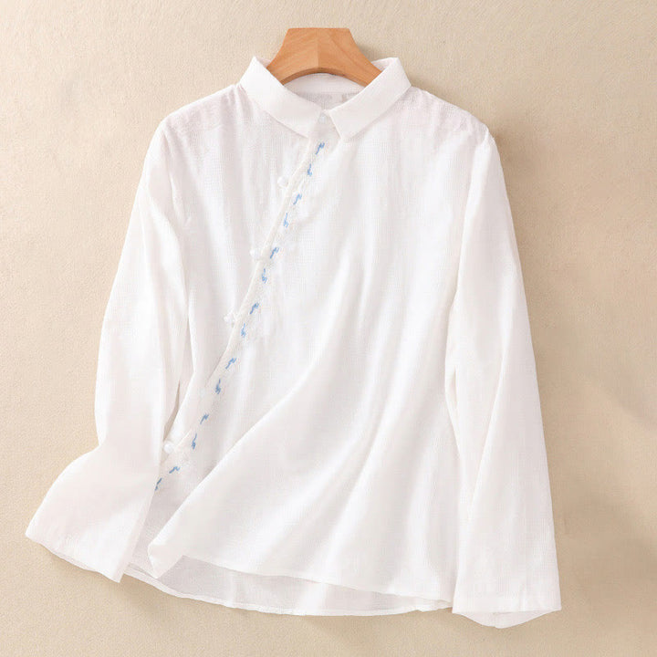 Chemise à manches longues en coton pour femme, brodée de Buddha Stones et au design asymétrique, avec boutons grenouille - Blanc - US8-10，UK/AU12-14，EU40-42 (2XL) - image 7