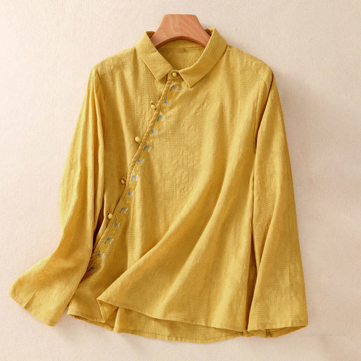 Chemise à manches longues en coton pour femme, brodée de Buddha Stones et au design asymétrique, avec boutons grenouille - Or - US8-10，UK/AU12-14，EU40-42 (2XL) - image 24