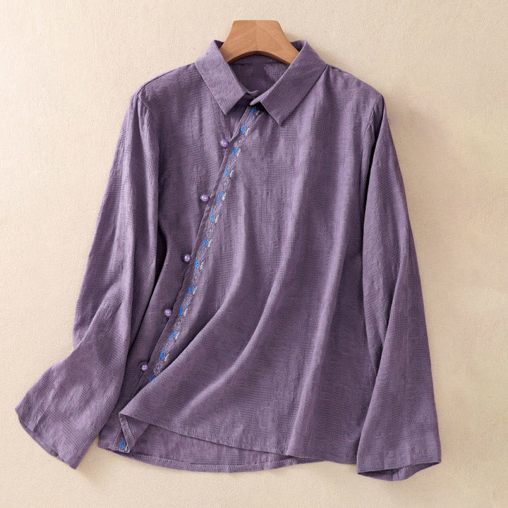 Chemise à manches longues en coton pour femme, brodée de Buddha Stones et au design asymétrique, avec boutons grenouille - DarkOrchid - US8-10，UK/AU12-14，EU40-42 (2XL) - image 31