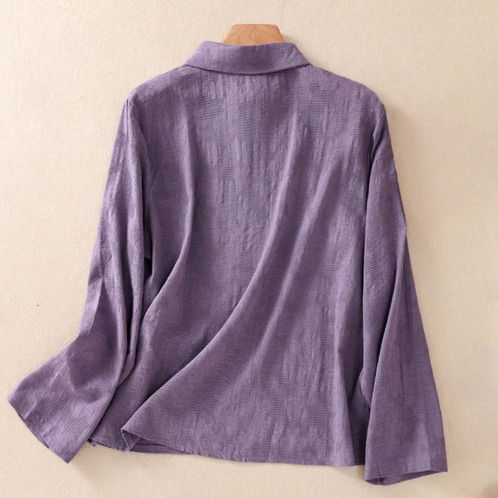 Chemise à manches longues en coton pour femme, brodée de Buddha Stones et au design asymétrique, avec boutons grenouille - image 32