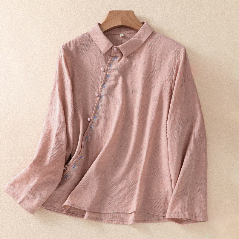 Chemise à manches longues en coton pour femme, brodée de Buddha Stones et au design asymétrique, avec boutons grenouille - LightCoral - US8-10，UK/AU12-14，EU40-42 (2XL) - image 14