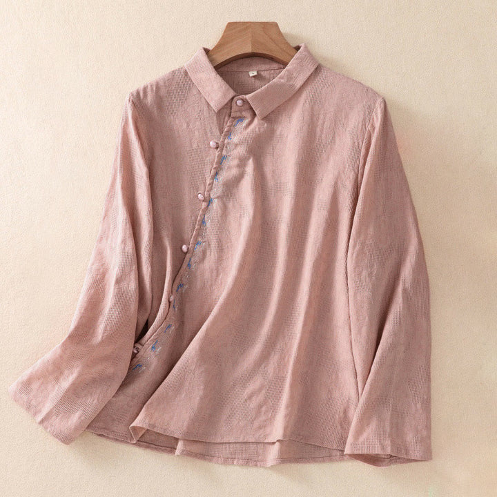 Chemise à manches longues en coton pour femme, brodée de Buddha Stones et au design asymétrique, avec boutons grenouille - LightCoral - US8-10，UK/AU12-14，EU40-42 (2XL) - image 14