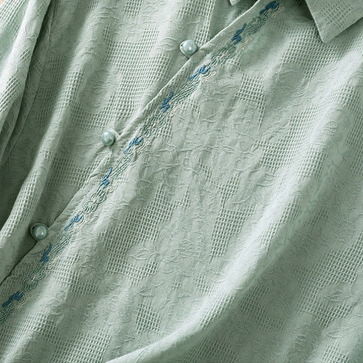 Chemise à manches longues en coton pour femme, brodée de Buddha Stones et au design asymétrique, avec boutons grenouille - image 4