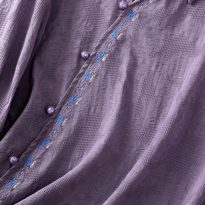 Chemise à manches longues en coton pour femme, brodée de Buddha Stones et au design asymétrique, avec boutons grenouille - image 35