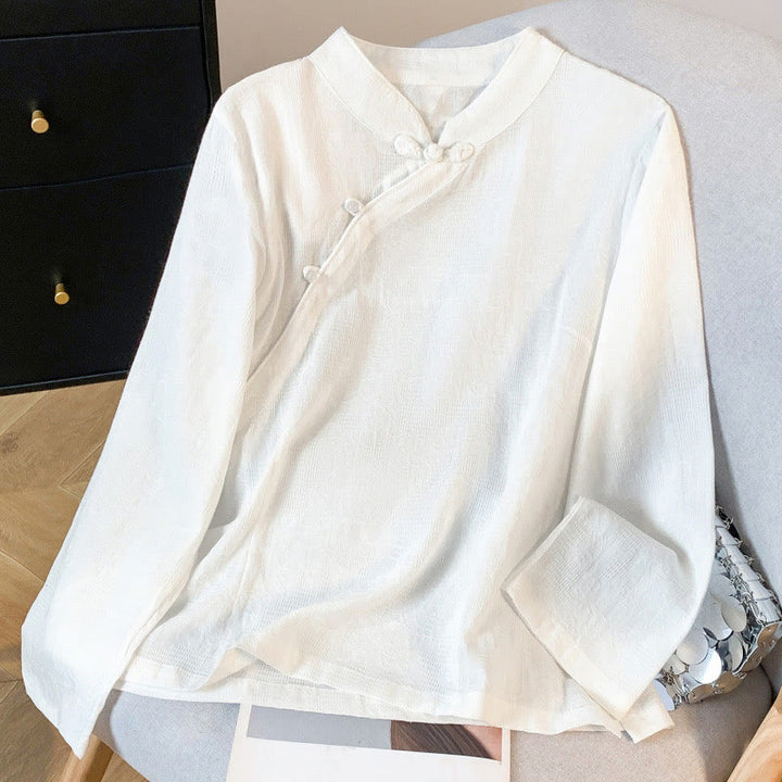 Chemise en coton à manches longues pour femme, motif Buddha Stones, col mandarin à boutons chinois, jacquard, jacquard, manches longues. - Blanc - US8-10，UK/AU12-14，EU40-42 (2XL) - image 10