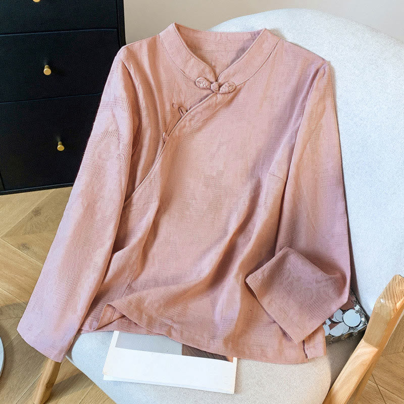 Chemise en coton à manches longues pour femme, motif Buddha Stones, col mandarin à boutons chinois, jacquard, jacquard, manches longues. - Saumon foncé - US8-10，UK/AU12-14，EU40-42 (2XL) - image 20