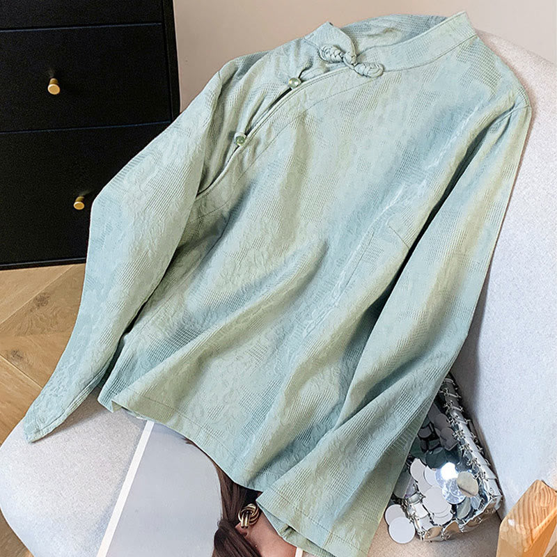 Chemise en coton à manches longues pour femme, motif Buddha Stones, col mandarin à boutons chinois, jacquard, jacquard, manches longues. - image 2