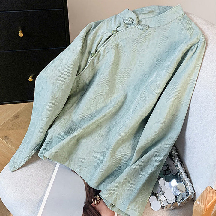 Chemise en coton à manches longues pour femme, motif Buddha Stones, col mandarin à boutons chinois, jacquard, jacquard, manches longues. - image 2