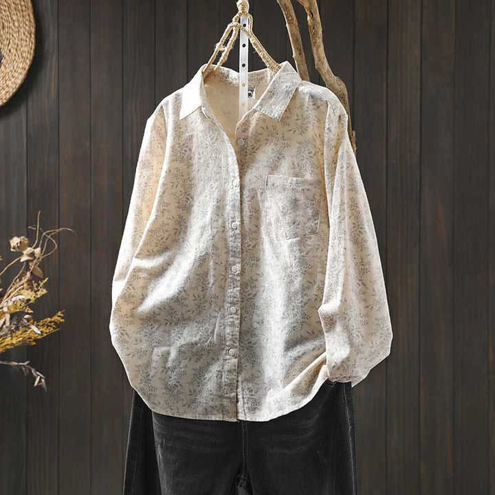 Chemise à manches longues en coton pour femme, ornée de boutons et d'un imprimé floral automnal avec des Buddha Stones - OldLace - US6，UK/AU10，EU38 (L) - image 0