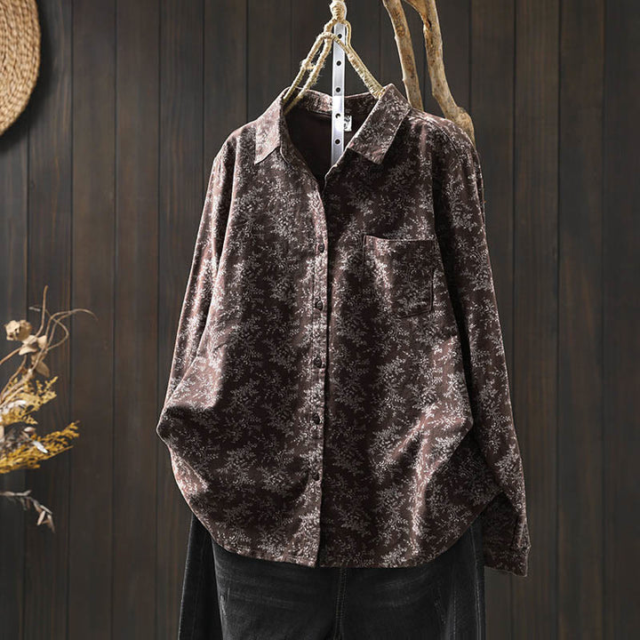 Chemise à manches longues en coton pour femme, ornée de boutons et d'un imprimé floral automnal avec des Buddha Stones - Terre de sienne - US6，UK/AU10，EU38 (L) - image 10