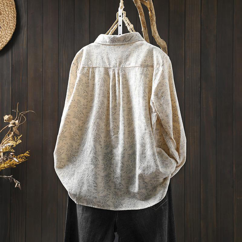 Chemise à manches longues en coton pour femme, ornée de boutons et d'un imprimé floral automnal avec des Buddha Stones - image 2