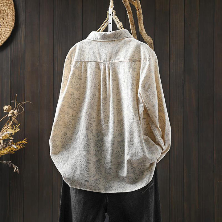 Chemise à manches longues en coton pour femme, ornée de boutons et d'un imprimé floral automnal avec des Buddha Stones - image 2