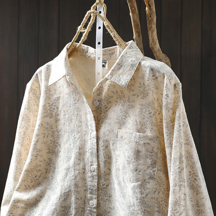 Chemise à manches longues en coton pour femme, ornée de boutons et d'un imprimé floral automnal avec des Buddha Stones - image 3