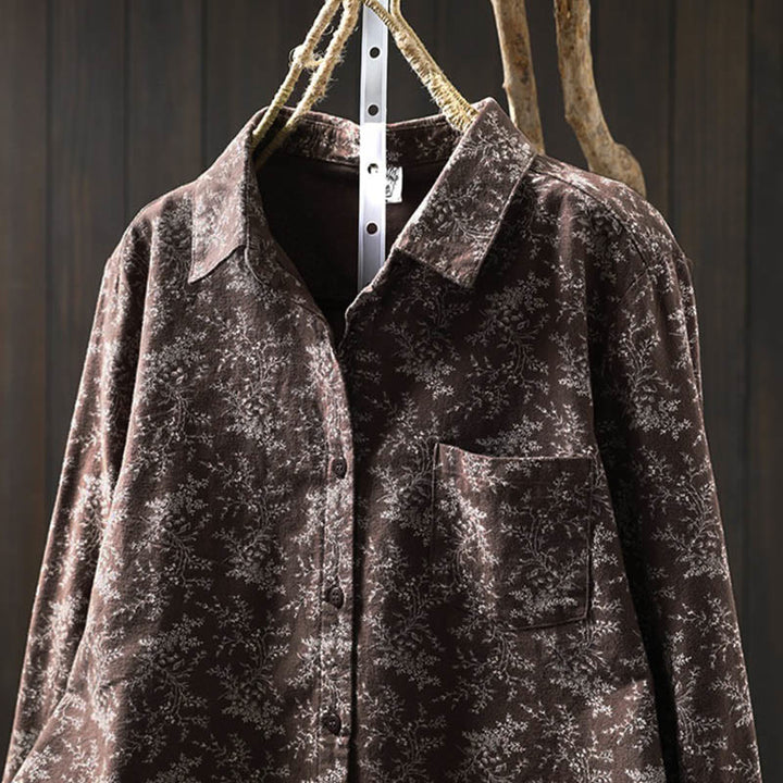 Chemise à manches longues en coton pour femme, ornée de boutons et d'un imprimé floral automnal avec des Buddha Stones - image 11