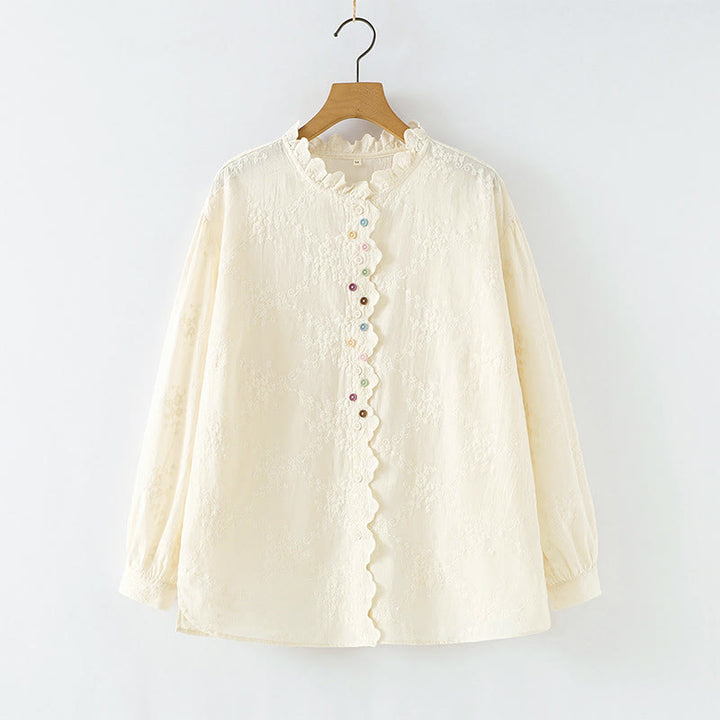 Chemise à manches longues en coton pour femme, ornée de boutons en relief brodés de fleurs et de Buddha Stones , col à volants automnal. - OldLace - US6，UK/AU10，EU38 (L) - image 0