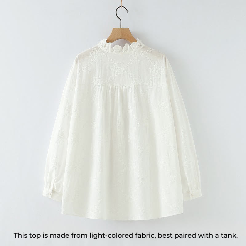 Chemise à manches longues en coton pour femme, ornée de boutons en relief brodés de fleurs et de Buddha Stones , col à volants automnal. - image 3