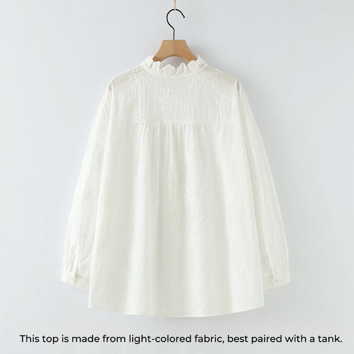 Chemise à manches longues en coton pour femme, ornée de boutons en relief brodés de fleurs et de Buddha Stones , col à volants automnal. - image 3