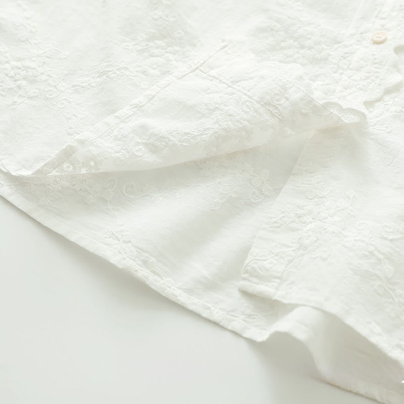 Chemise à manches longues en coton pour femme, ornée de boutons en relief brodés de fleurs et de Buddha Stones , col à volants automnal. - image 10