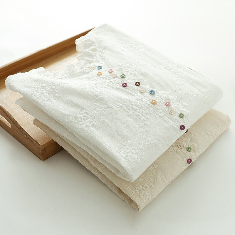 Chemise à manches longues en coton pour femme, ornée de boutons en relief brodés de fleurs et de Buddha Stones , col à volants automnal. - image 15