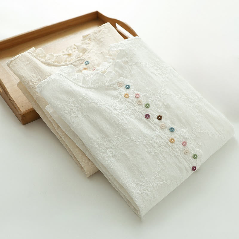 Chemise à manches longues en coton pour femme, ornée de boutons en relief brodés de fleurs et de Buddha Stones , col à volants automnal. - image 14