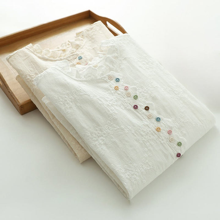 Chemise à manches longues en coton pour femme, ornée de boutons en relief brodés de fleurs et de Buddha Stones , col à volants automnal. - image 14