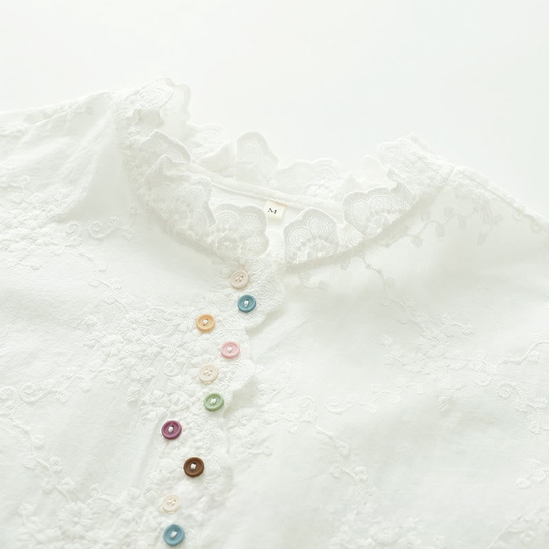 Chemise à manches longues en coton pour femme, ornée de boutons en relief brodés de fleurs et de Buddha Stones , col à volants automnal. - image 5