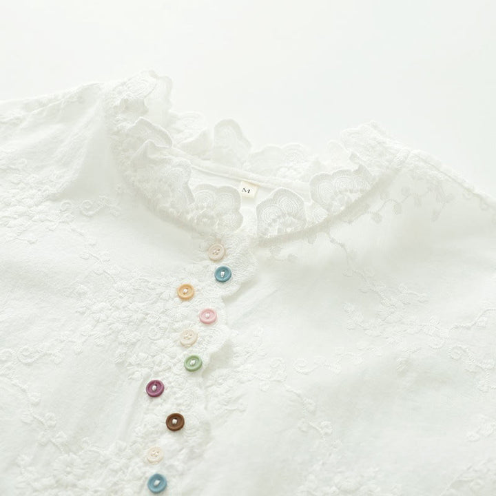 Chemise à manches longues en coton pour femme, ornée de boutons en relief brodés de fleurs et de Buddha Stones , col à volants automnal. - image 5