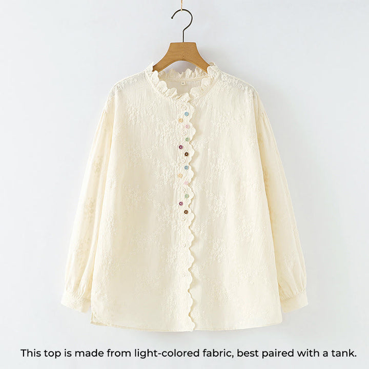 Chemise à manches longues en coton pour femme, ornée de boutons en relief brodés de fleurs et de Buddha Stones , col à volants automnal. - image 1