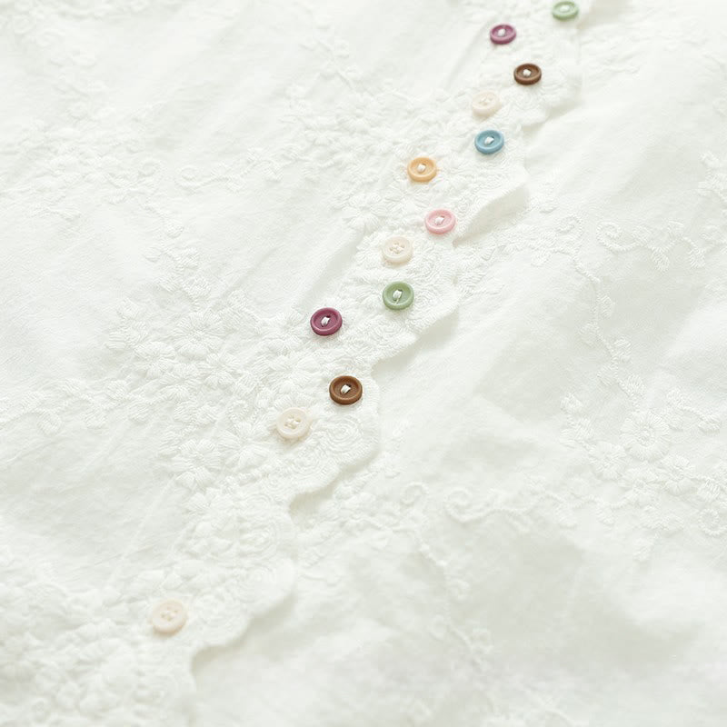 Chemise à manches longues en coton pour femme, ornée de boutons en relief brodés de fleurs et de Buddha Stones , col à volants automnal. - image 6