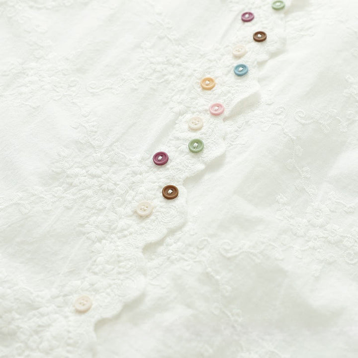 Chemise à manches longues en coton pour femme, ornée de boutons en relief brodés de fleurs et de Buddha Stones , col à volants automnal. - image 6