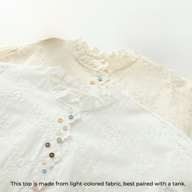 Chemise à manches longues en coton pour femme, ornée de boutons en relief brodés de fleurs et de Buddha Stones , col à volants automnal. - image 4