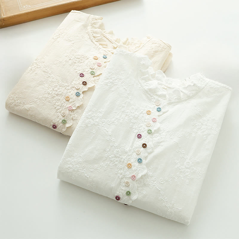 Chemise à manches longues en coton pour femme, ornée de boutons en relief brodés de fleurs et de Buddha Stones , col à volants automnal. - image 12