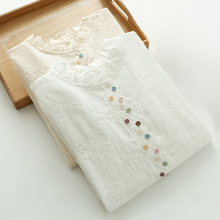 Chemise à manches longues en coton pour femme, ornée de boutons en relief brodés de fleurs et de Buddha Stones , col à volants automnal. - image 13