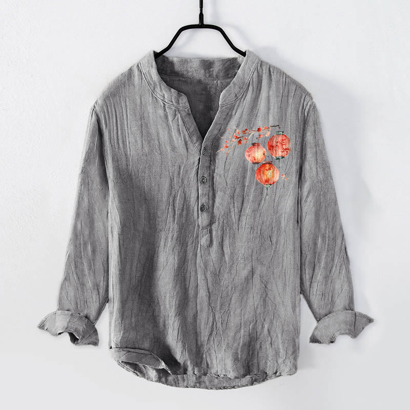 Chemise à manches longues pour homme en coton et lin, à demi-boutons, motif simple de lanterne florale rouge et de Buddha Stones - Gris - US/UK/AU50，EU60 (5XL) - image 0