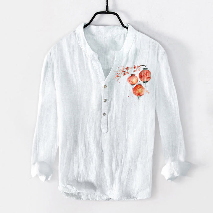 Chemise à manches longues pour homme en coton et lin, à demi-boutons, motif simple de lanterne florale rouge et de Buddha Stones - Blanc - US/UK/AU50，EU60 (5XL) - image 3