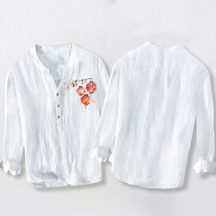 Chemise à manches longues pour homme en coton et lin, à demi-boutons, motif simple de lanterne florale rouge et de Buddha Stones - image 5