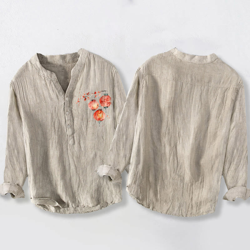 Chemise à manches longues pour homme en coton et lin, à demi-boutons, motif simple de lanterne florale rouge et de Buddha Stones - image 8