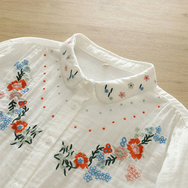 Chemise à manches longues en coton pour femme, ornée de boutons brodés de fleurs blanches et colorées et de Buddha Stones - image 6
