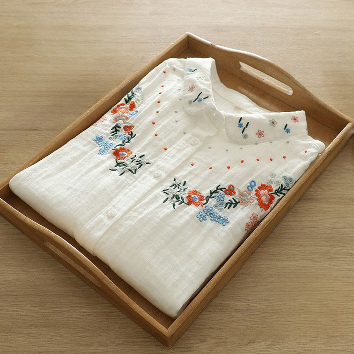 Chemise à manches longues en coton pour femme, ornée de boutons brodés de fleurs blanches et colorées et de Buddha Stones - image 5