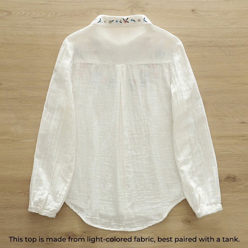 Chemise à manches longues en coton pour femme, ornée de boutons brodés de fleurs blanches et colorées et de Buddha Stones - image 2