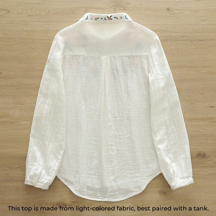 Chemise à manches longues en coton pour femme, ornée de boutons brodés de fleurs blanches et colorées et de Buddha Stones - image 2