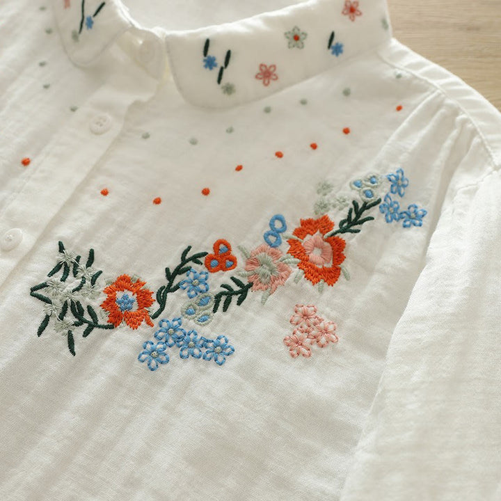 Chemise à manches longues en coton pour femme, ornée de boutons brodés de fleurs blanches et colorées et de Buddha Stones - image 8