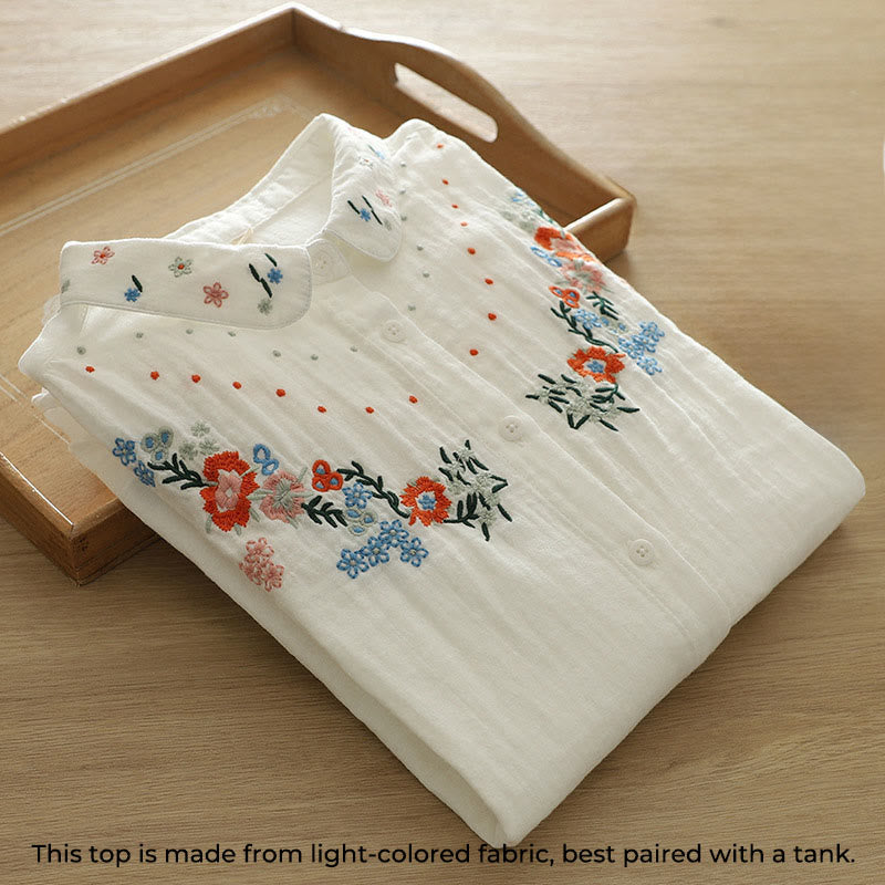 Chemise à manches longues en coton pour femme, ornée de boutons brodés de fleurs blanches et colorées et de Buddha Stones - image 3