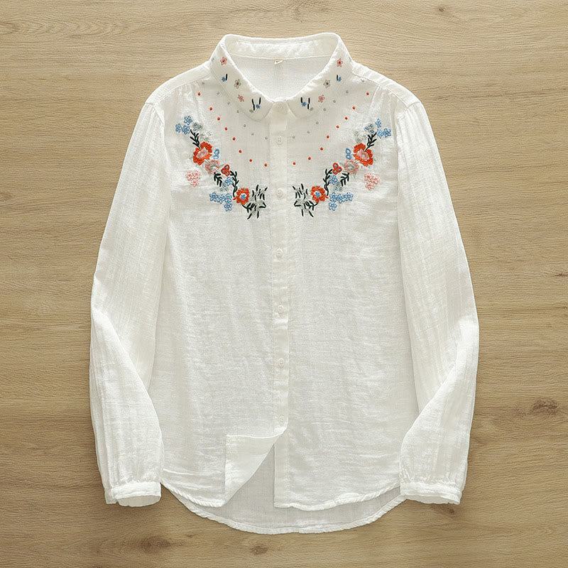 Chemise à manches longues en coton pour femme, ornée de boutons brodés de fleurs blanches et colorées et de Buddha Stones - image 1