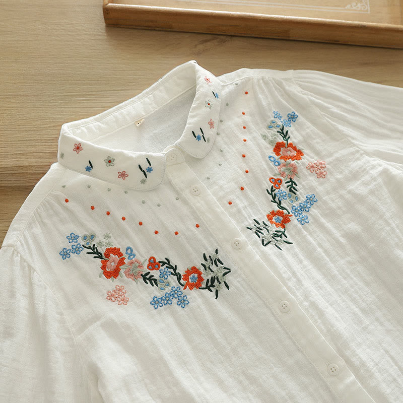 Chemise à manches longues en coton pour femme, ornée de boutons brodés de fleurs blanches et colorées et de Buddha Stones - Blanc - US6，UK/AU10，EU38 (L) - image 0