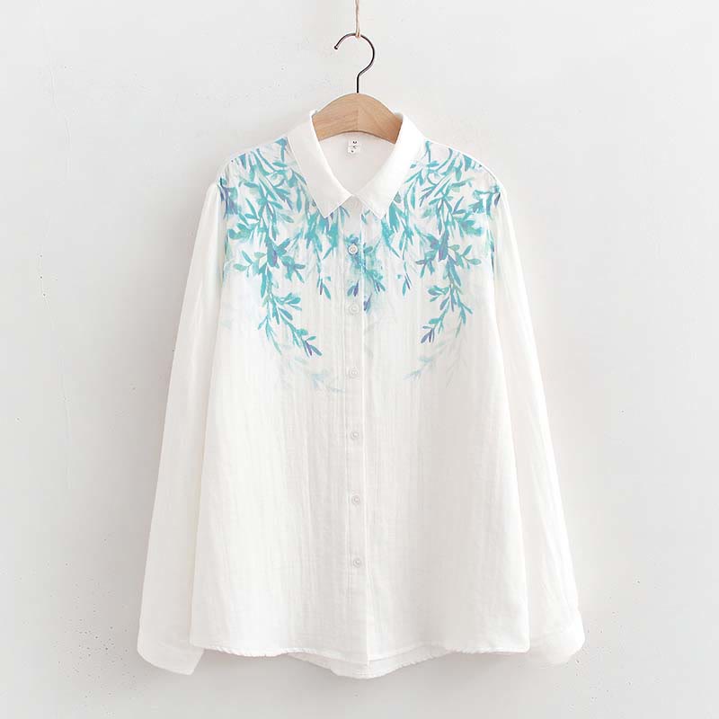 Chemise à manches longues en coton pour femme, Buddha Stones, automne, blanc et vert, boutons d'herbe - Blanc - US6，UK/AU10，EU38 (L) - image 0